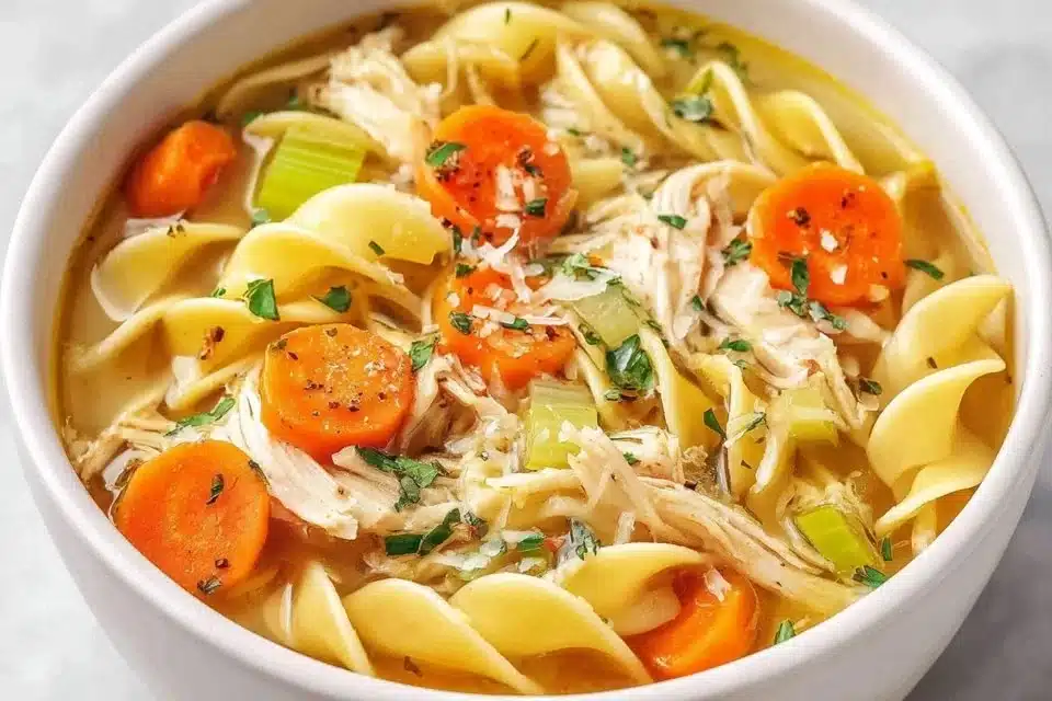 Bowl of easy homemade chicken noodle soup with vegetables and herbs
