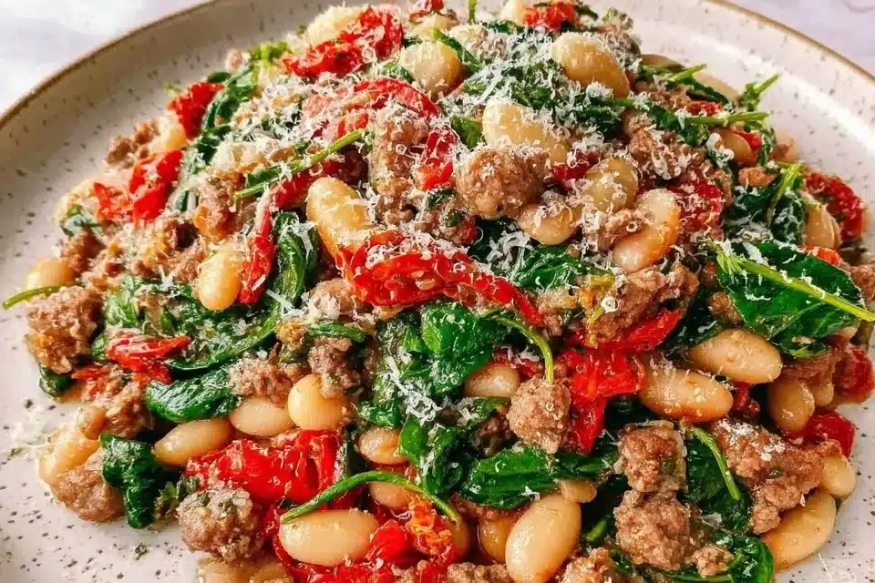 Easy Italian turkey skillet with zucchini and spinach dish in a pan.
