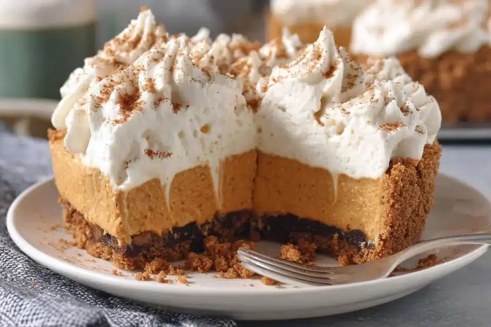 Delicious easy no bake pumpkin pie with creamy mousse texture served on a plate
