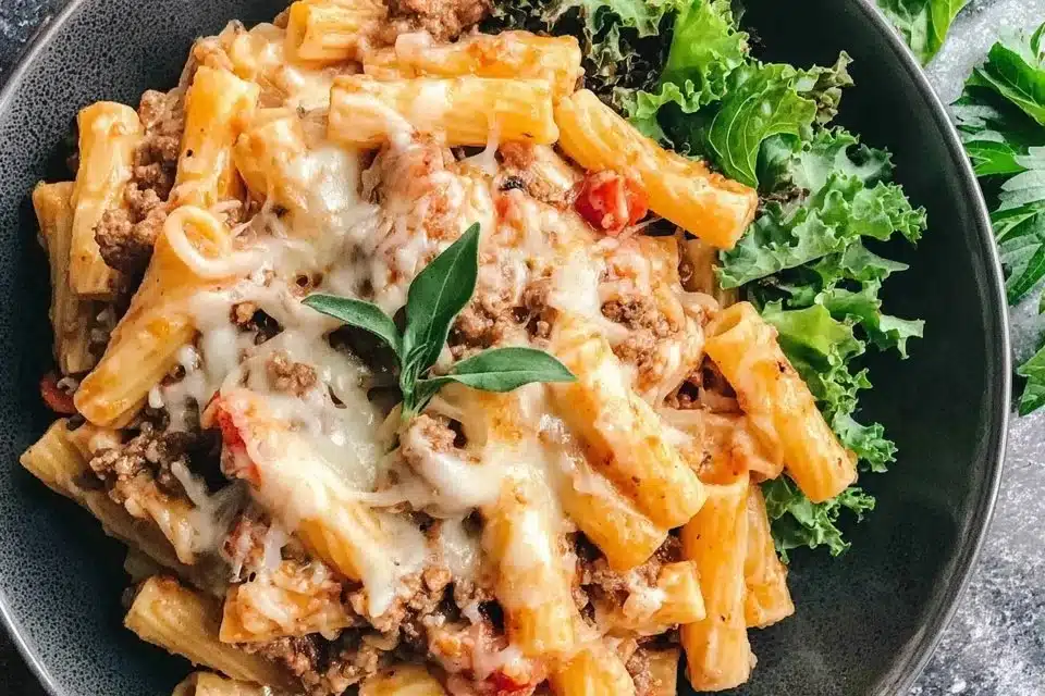 Delicious one pan baked ziti with Italian sausage, freshly baked and served.
