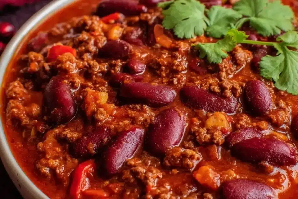 Easy One Pot Chili Recipe – Delicious Comfort in 7 Steps 1 A delicious bowl of easy one pot chili garnished with fresh herbs.