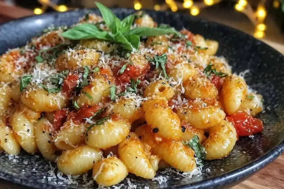Easy homemade potato noodles served on a plate with herbs.