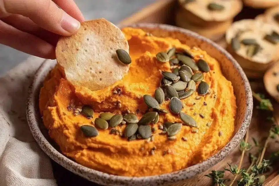 Bowl of easy pumpkin hummus served with vegetables and pita chips