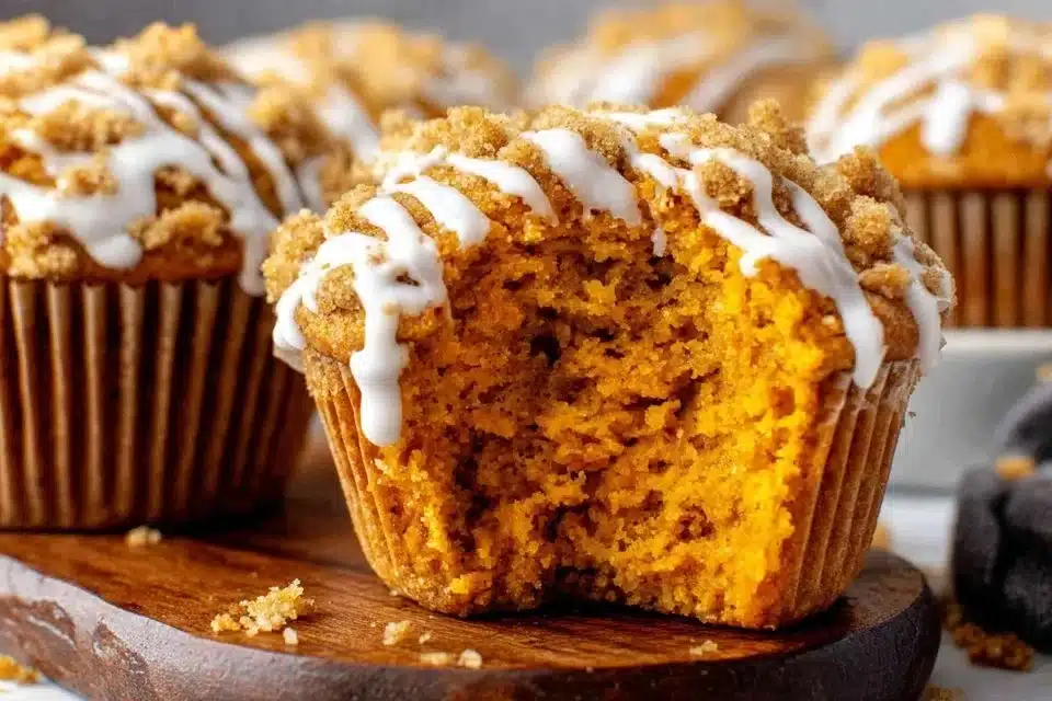 Delicious easy pumpkin muffins with streusel topping and glaze