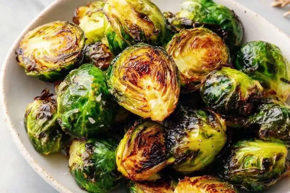 Easy roasted Brussels sprouts with lemon and Parmesan on a serving plate