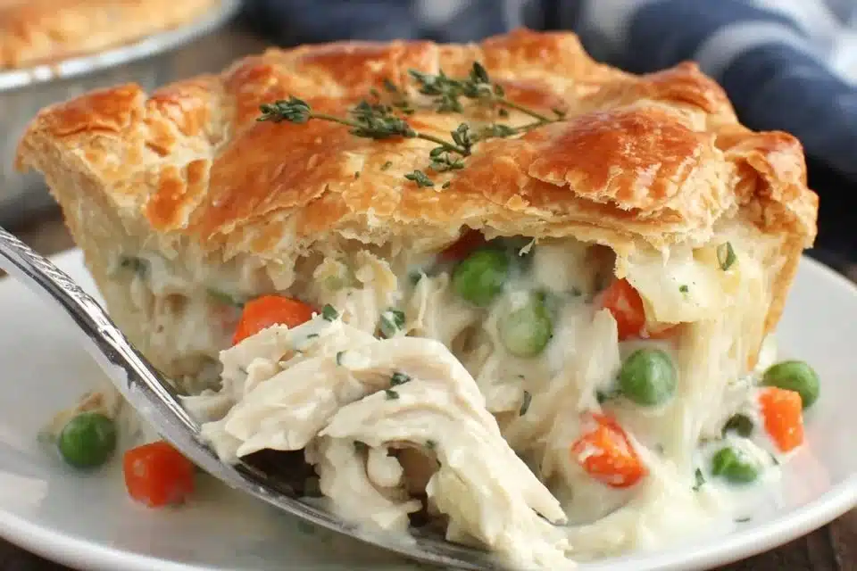 Easy rotisserie chicken pot pie with frozen vegetables served in a bowl.