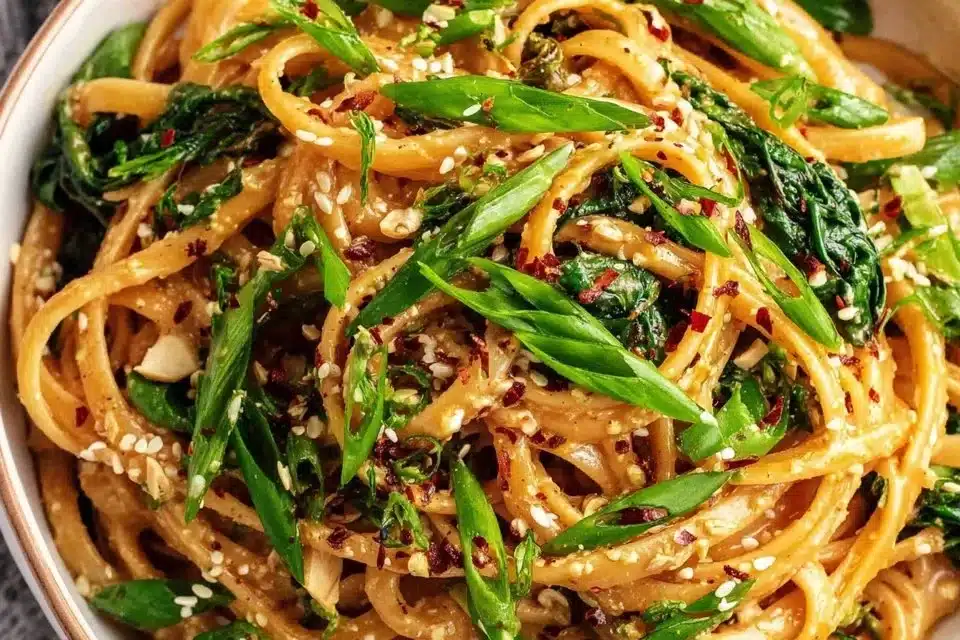 Easy Sesame Noodles with Peanut Sauce 4 Bowl of easy sesame noodles with peanut sauce and garnished with green onions
