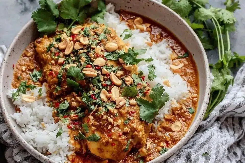 Easy Slow Cooker Peanut Chicken 1 Delicious easy slow cooker peanut chicken served with rice and vegetables.