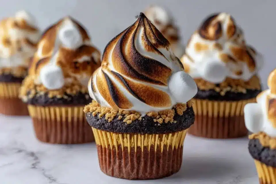 Delicious easy S'mores Cupcakes topped with marshmallow and chocolate frosting