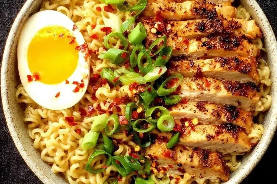 Bowl of easy spicy chicken ramen garnished with green onions and sesame seeds