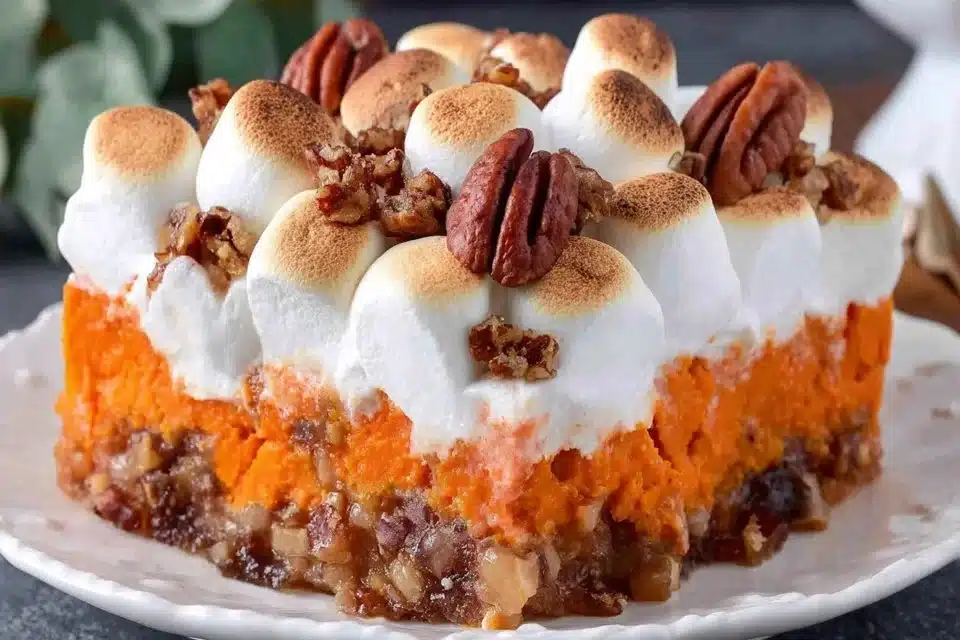 Delicious easy sweet potato casserole topped with marshmallows and pecans