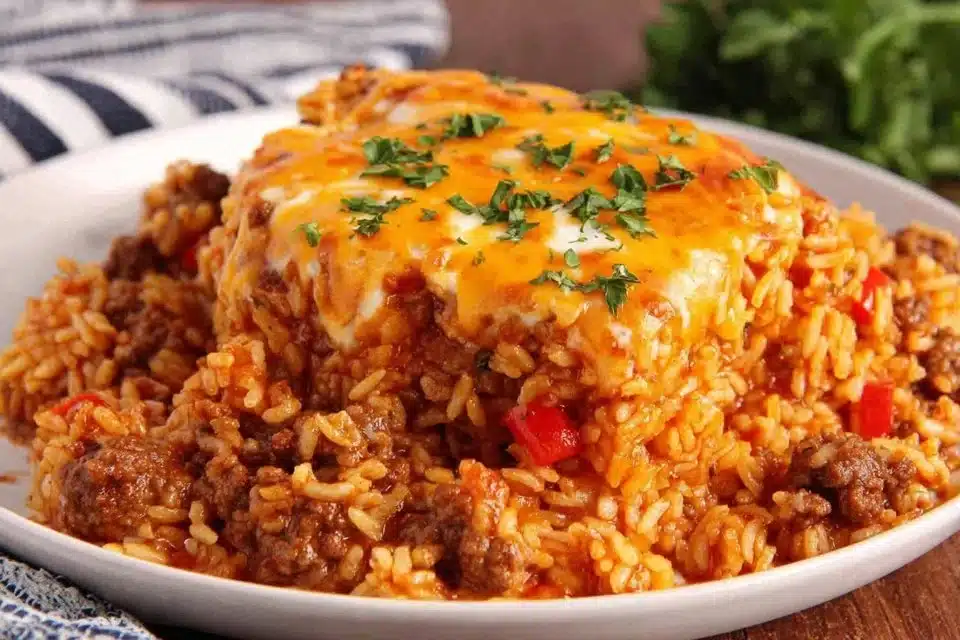 Easy Taco Rice Casserole 4 Easy taco rice casserole in a baking dish topped with cheese and toppings