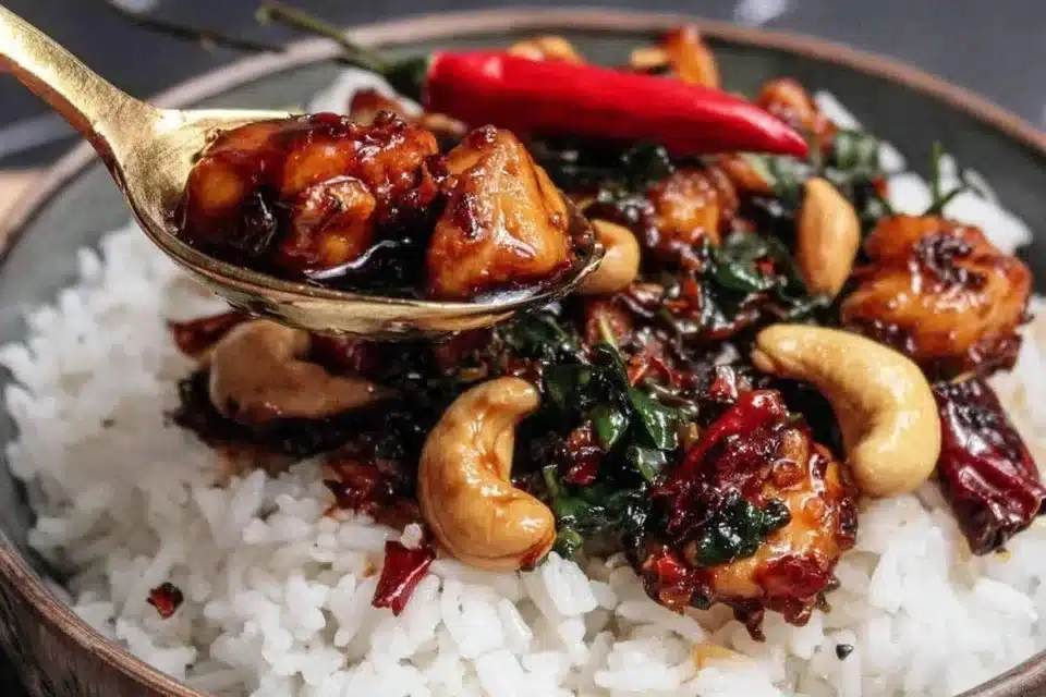 Delicious Thai Cashew Chicken stir fry served with colorful veggies and rice.