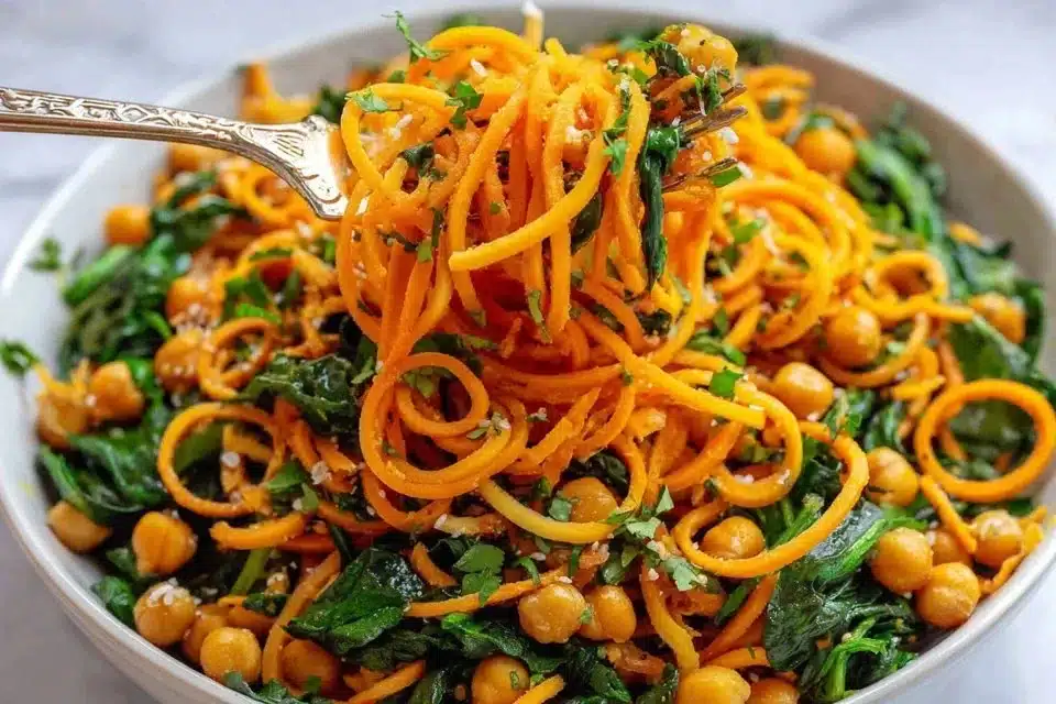 Easy turmeric sweet potato pasta salad with chickpeas in a bowl