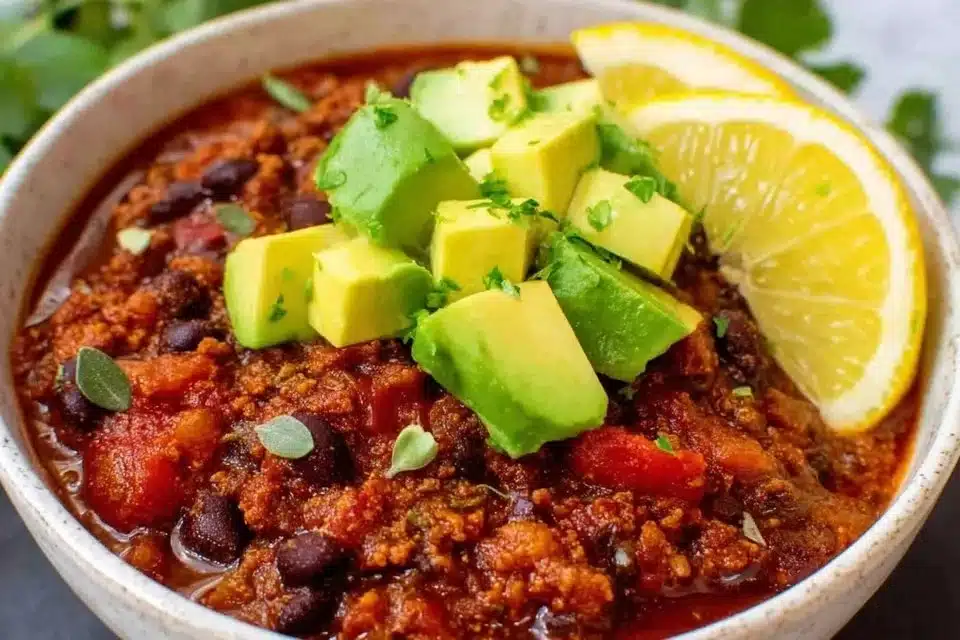 A bowl of easy vegan black bean chili topped with fresh herbs and avocado.