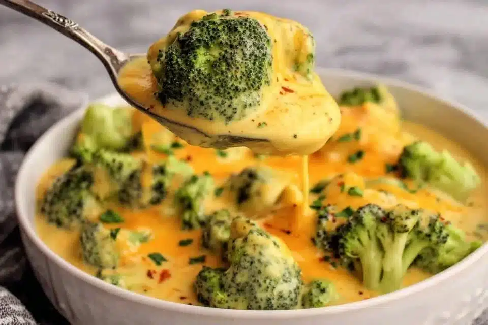 Bowl of easy vegan broccoli cheddar soup garnished with fresh herbs