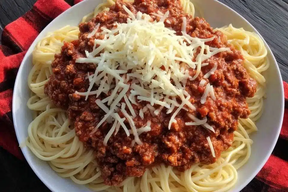 Bowl of Easy Weeknight Bolognese Sauce served with pasta