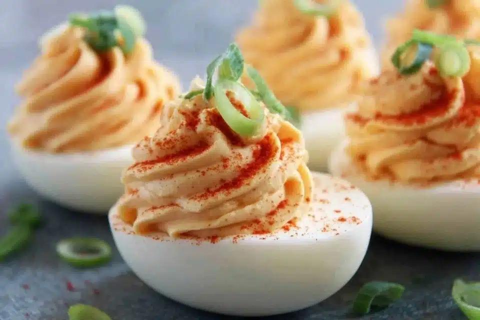 Festive Pumpkin Deviled Eggs – 5-Star Fall Appetizer Everyone Loves 4 Festive pumpkin deviled eggs garnished with herbs on a serving platter.