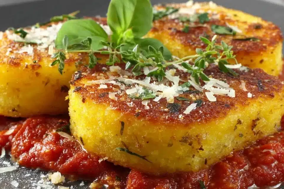 Fried polenta served with marinara sauce, a delicious comfort food dish.