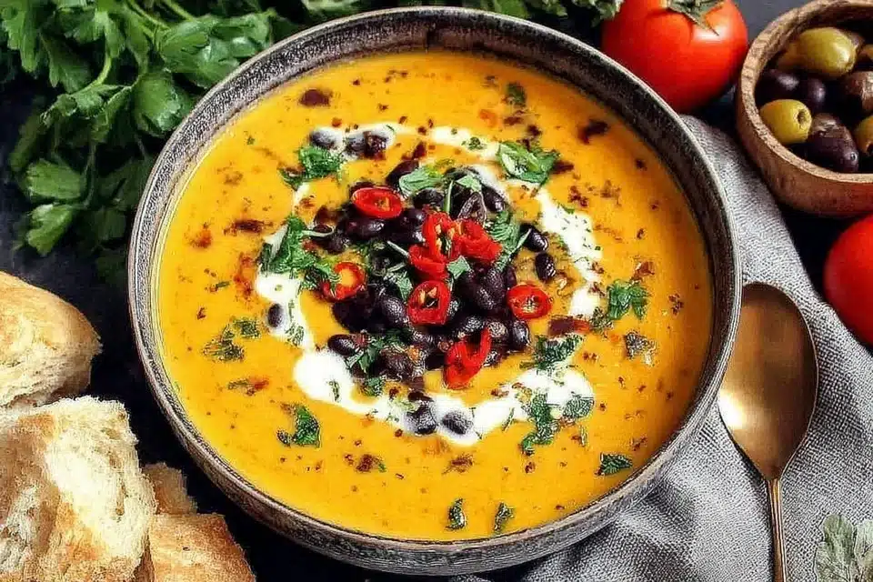 Bowl of delicious Golden Curry Soup garnished with fresh herbs