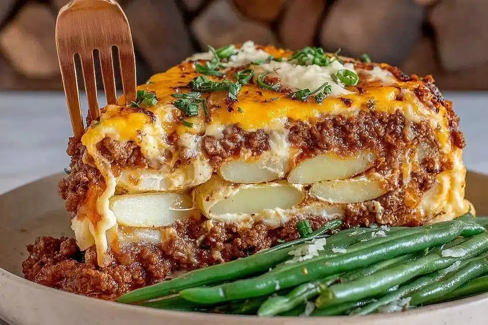Ground Beef and Potato Casserole with Green Beans 4 Ground beef and potato casserole with green beans in a baking dish
