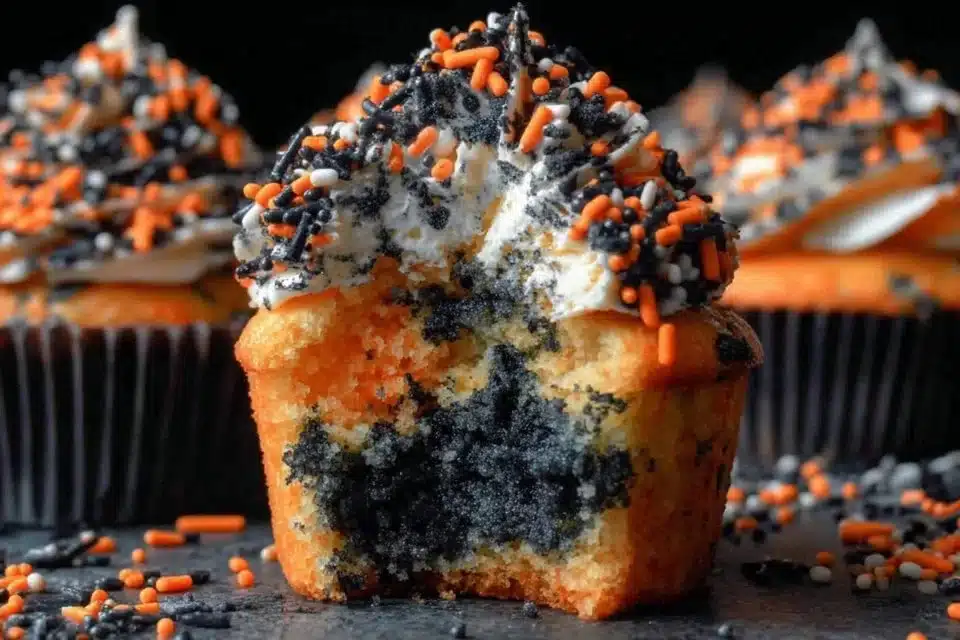 Halloween funfetti cupcakes with black cocoa buttercream frosting.