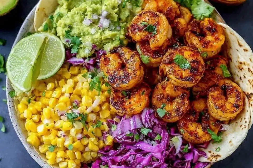 Hawaiian Shrimp Taco Bowl with fresh shrimp, colorful toppings, and rice