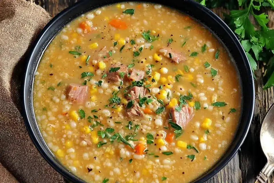 Bowl of hearty ham hock and lentil soup garnished with herbs.