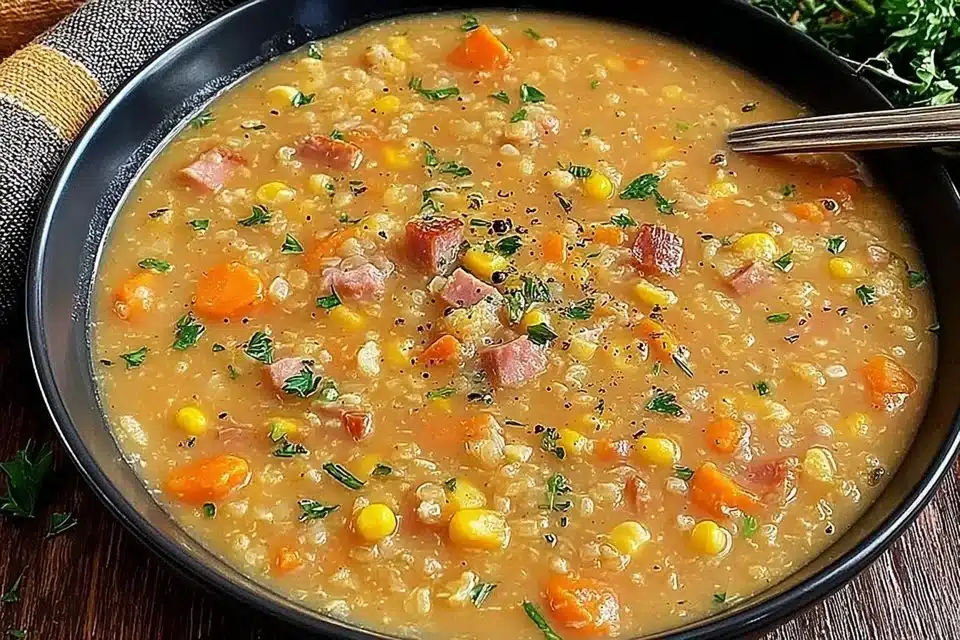 Hearty Ham Hock & Lentil Soup 4 Bowl of Hearty Ham Hock & Lentil Soup garnished with herbs