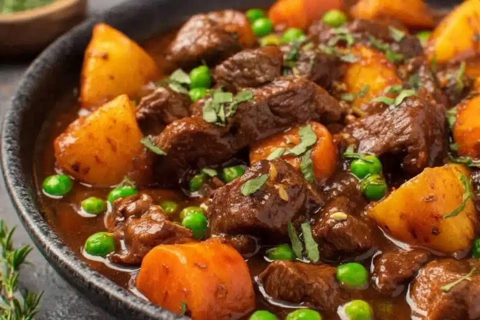 Delicious hearty slow cooker beef stew with potatoes and carrots in a bowl.
