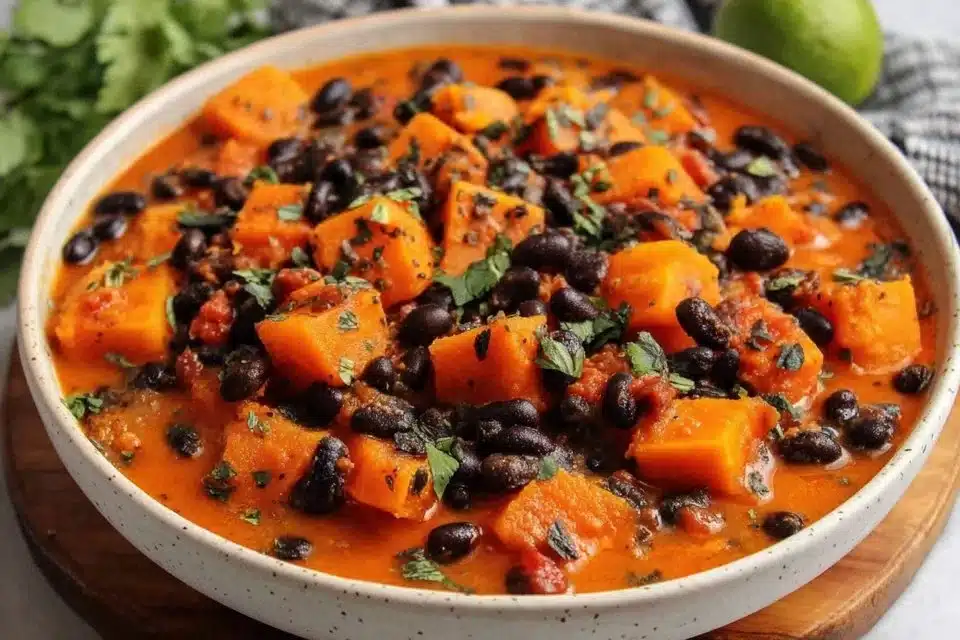 Bowl of hearty sweet potato black bean soup topped with herbs and spices