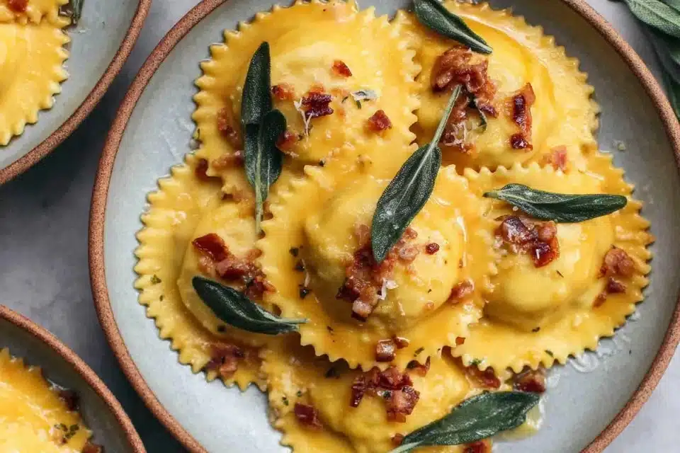 Homemade Butternut Squash Ravioli with Brown Butter Sage Sauce 4 Homemade butternut squash ravioli served with brown butter sage sauce