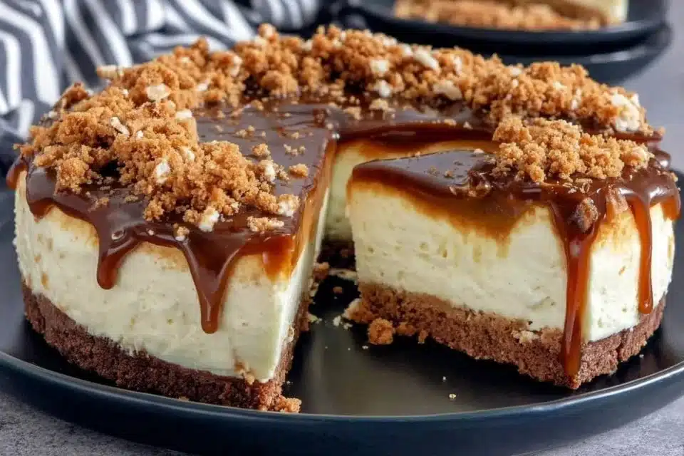 Homemade Dulce De Leche Cheesecake with caramel drizzle and graham cracker crust