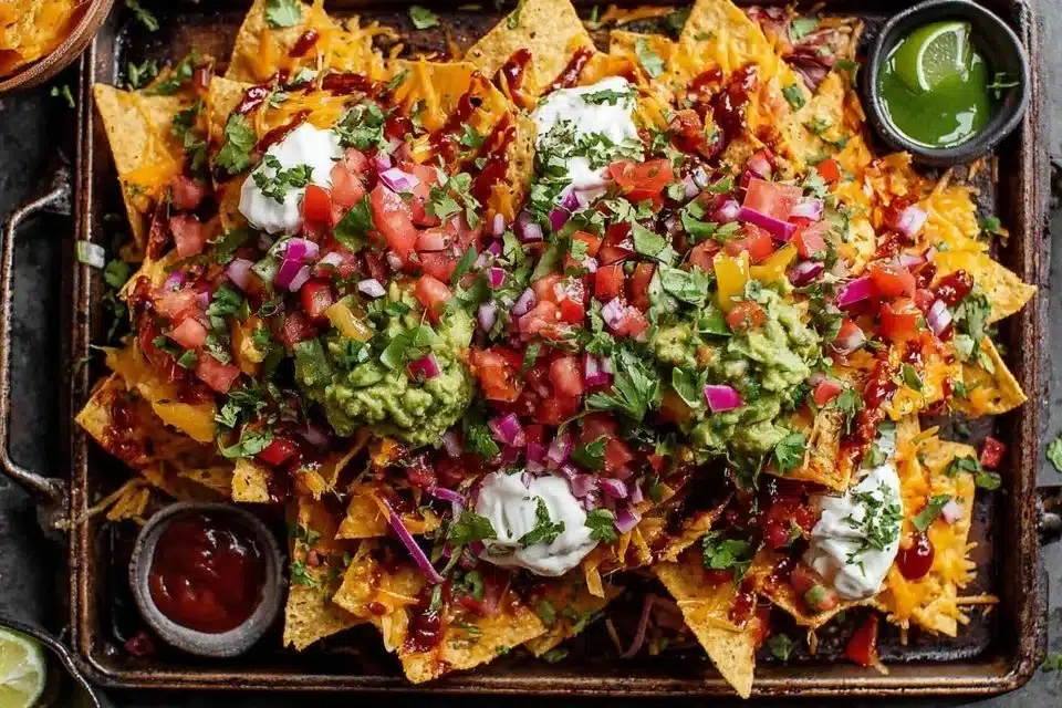 Indian Cheesy Nachos Chaat with vibrant toppings and cheese.
