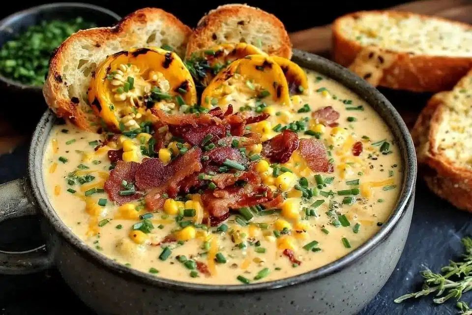 Bowl of spicy jalapeno popper soup garnished with cheese and jalapenos