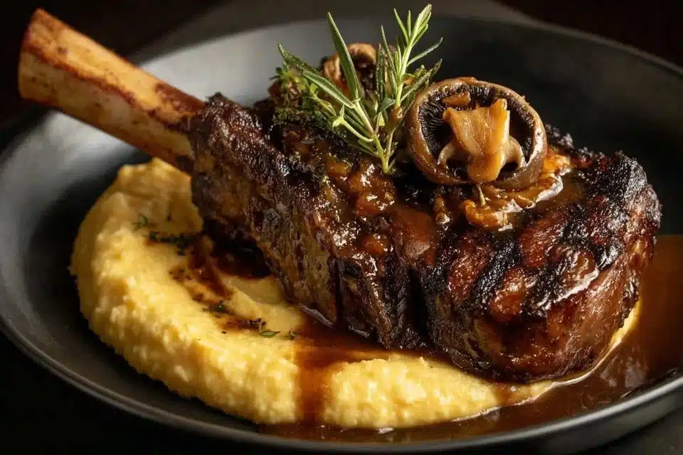 Lamb Shank with Rosemary Gravy 4 Delicious lamb shank served with savory rosemary gravy on a white plate.
