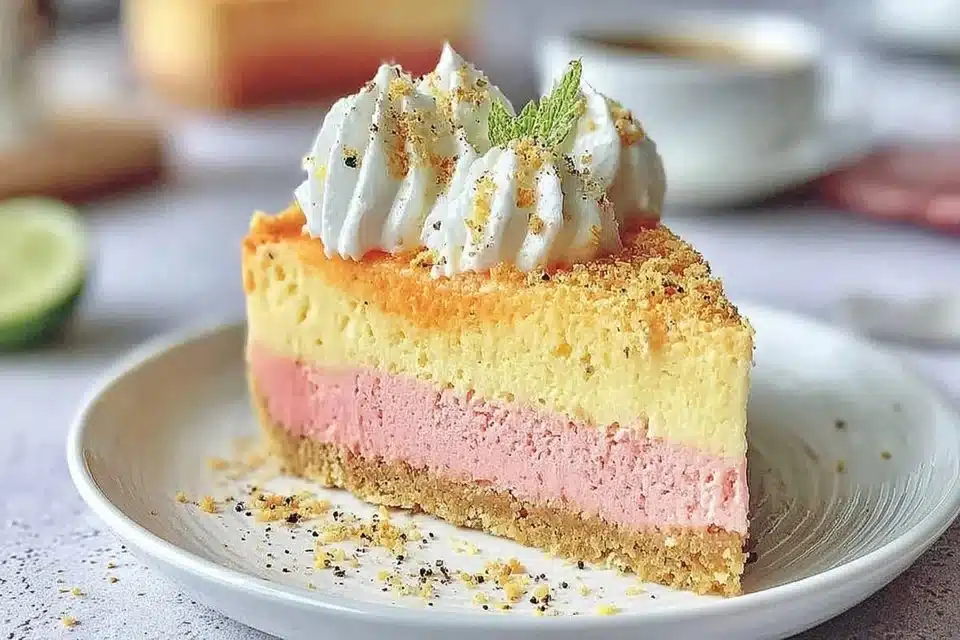 Delicious layered strawberry mango cheesecake with fresh fruit topping
