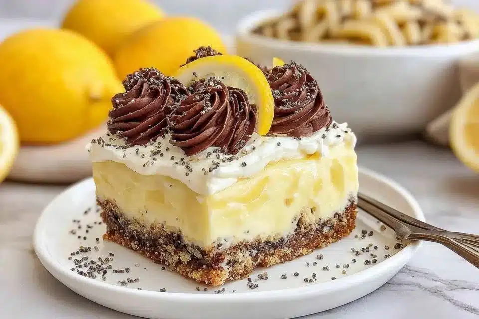Lemon Cream Pie Bars with a crunchy pretzel crust served on a white plate