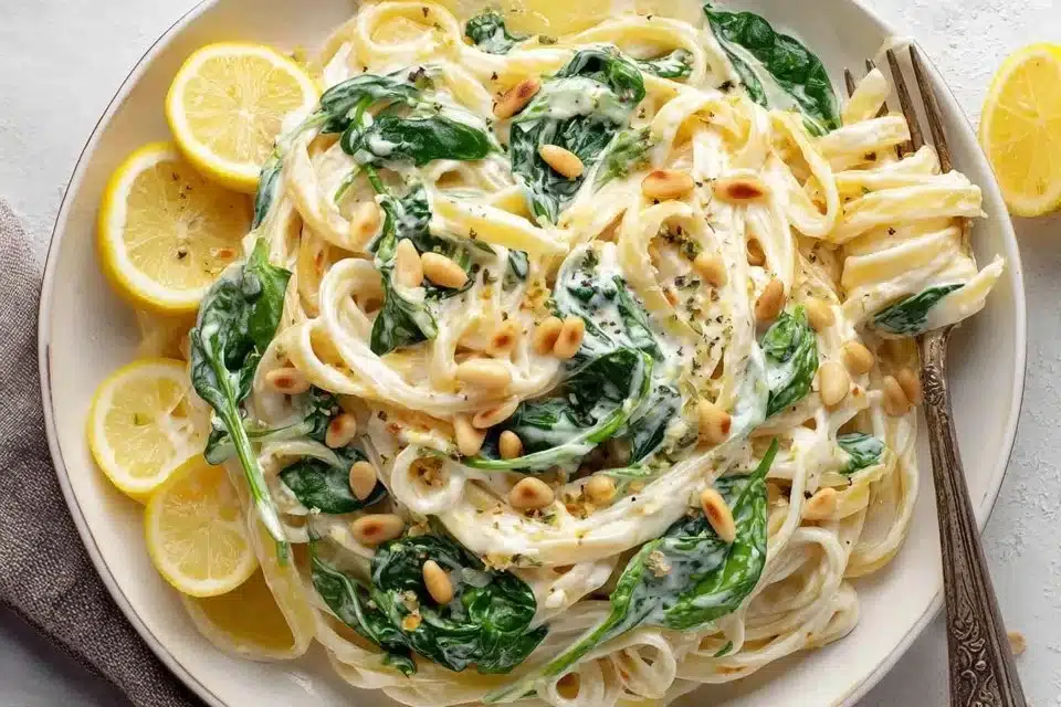 Delicious Lemon Ricotta Pasta with Spinach and Toasted Pine Nuts served in a bowl
