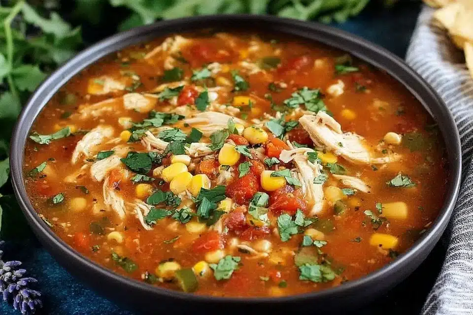 Bowl of Mexican chicken rice soup garnished with cilantro and lime.