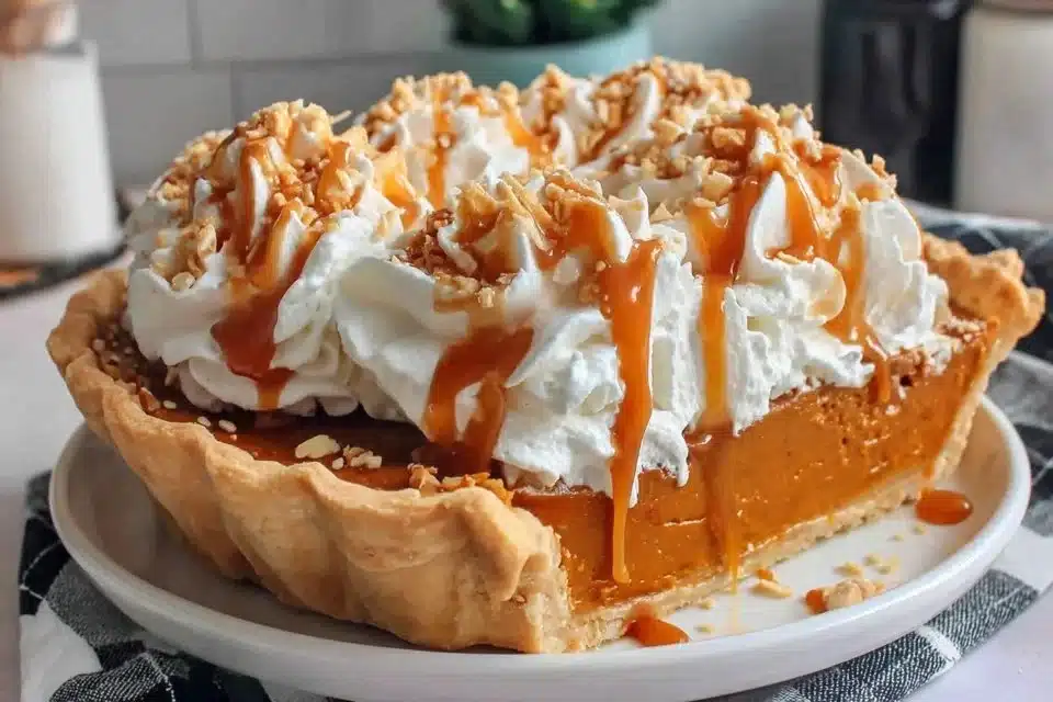 Slice of Milk Bar Pumpkin Caramel Pie showcasing caramel drizzle and pumpkin filling