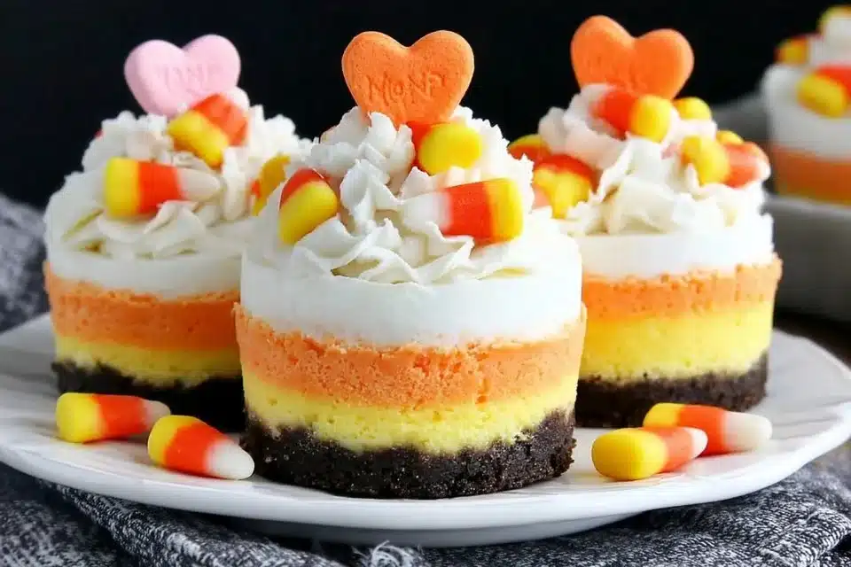 Mini Candy Corn Cheesecakes 4 Mini candy corn cheesecakes decorated for Halloween