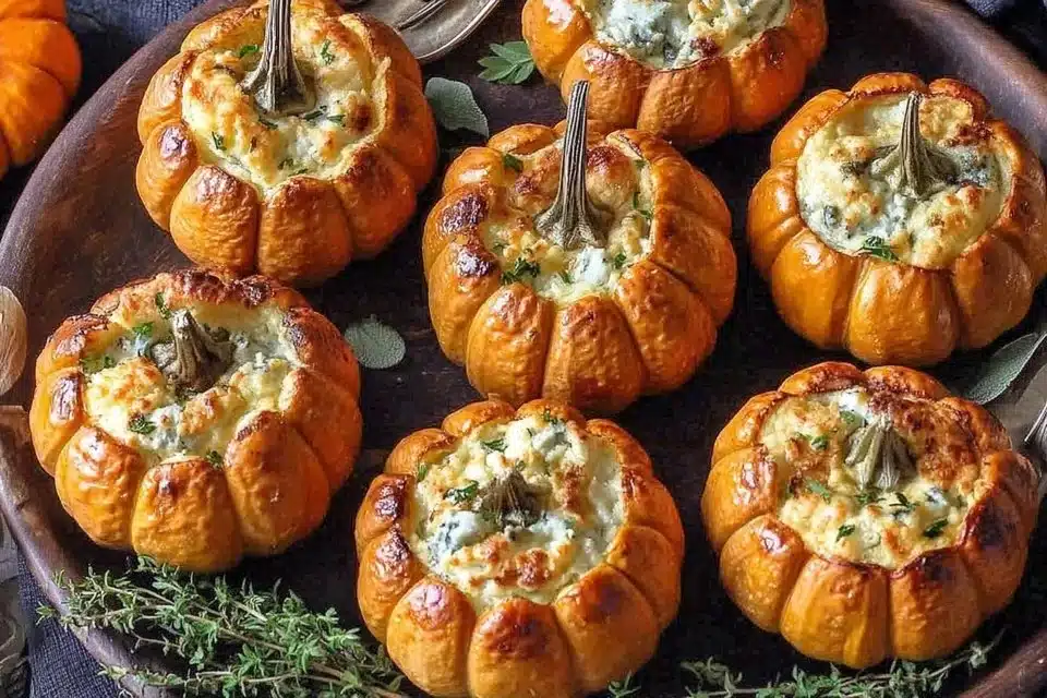 Mini stuffed pumpkins filled with savory ingredients, perfect for fall decor and dining.