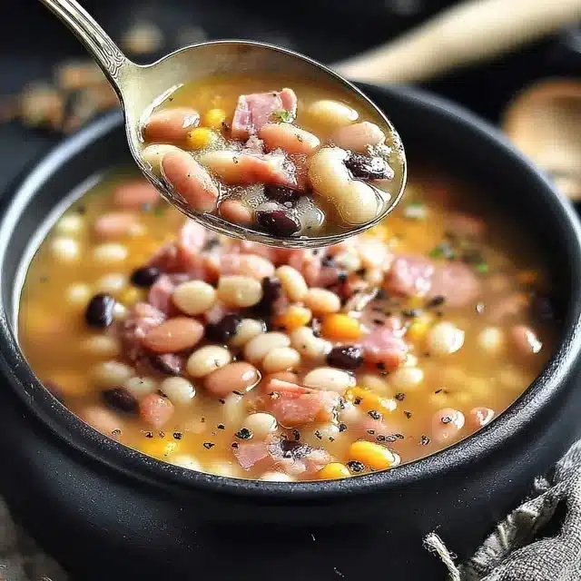Bowl of delicious ham soup with vegetables and herbs.