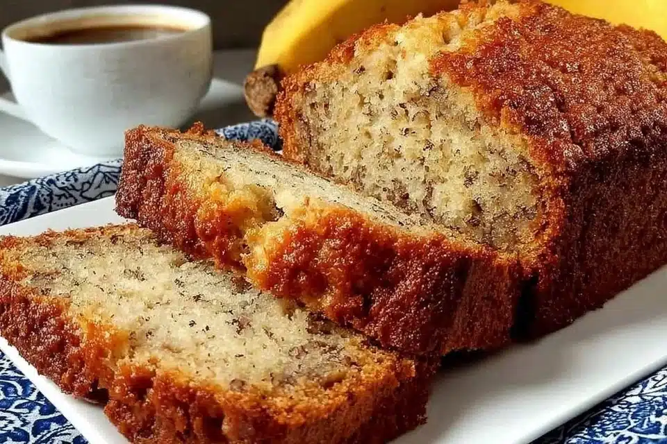 Moist Classic Baked Banana Bread: The Best Comforting Recipe 3 Moist classic baked banana bread sliced on a wooden board