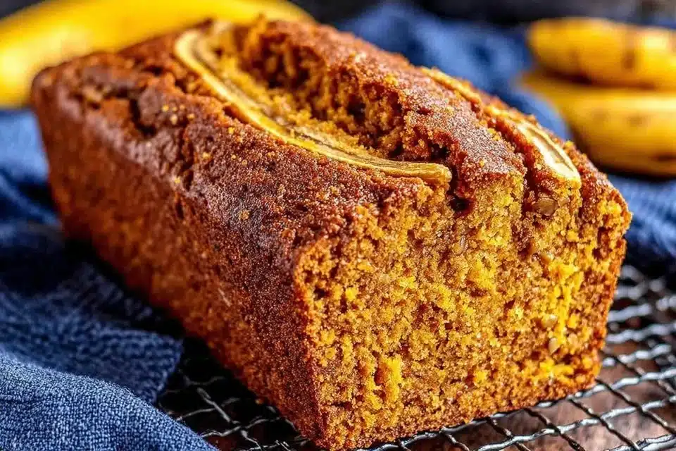 Slice of moist pumpkin banana bread on a wooden cutting board