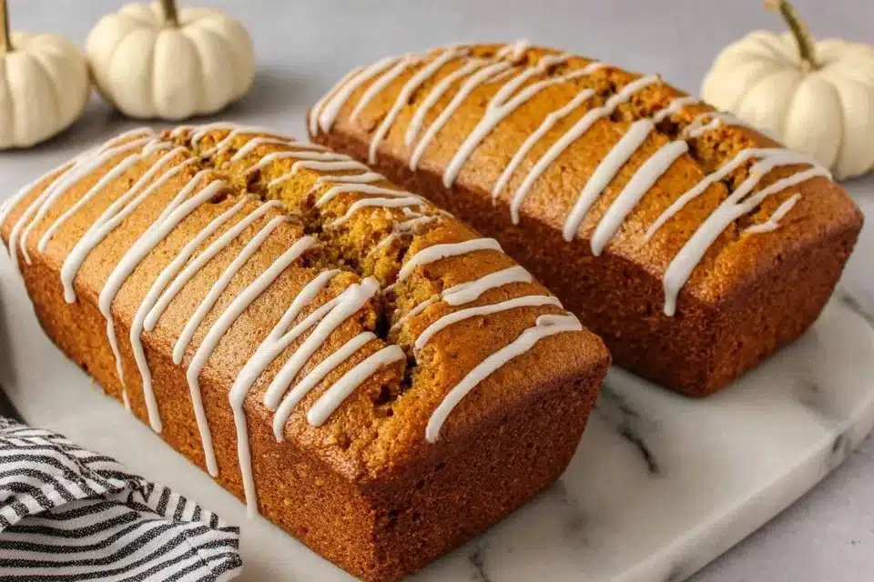 Delicious moist pumpkin bread drizzled with sweet glaze on a rustic wooden table