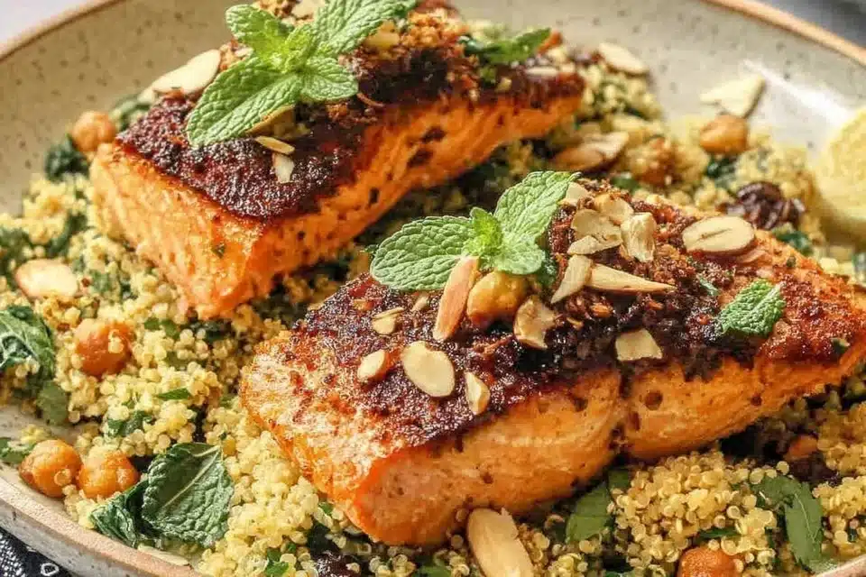 Moroccan-Spiced Salmon served with colorful couscous and vegetables