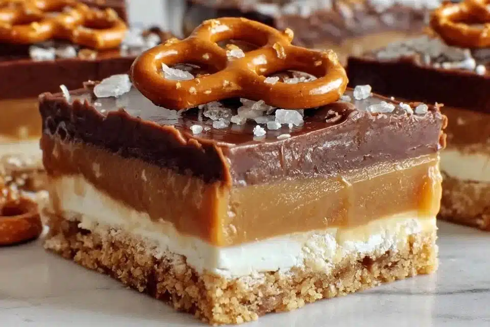 No-bake salted caramel pretzel bars with a crunchy topping and caramel drizzle