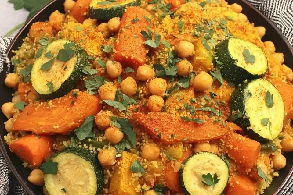 One-Pot Moroccan Chicken Couscous served in a vibrant dish with spices and vegetables.